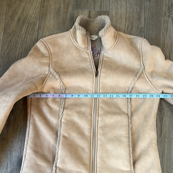 LL Bean Embroidered Faux Suede Sherpa Lined Zip Up Jacket Womens Medium Beige - Picture 6 of 8